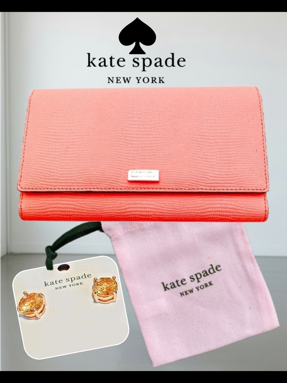 Kate Spade XLarge Trifold Wallet + Rose Gold Peach Crystal Gumdrop Earrings New